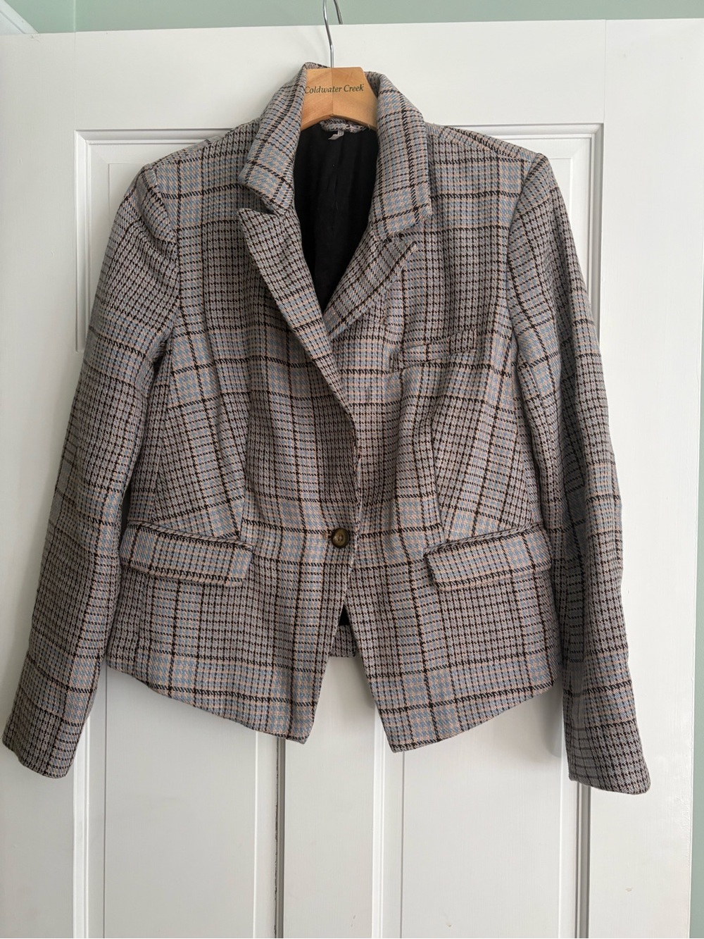 Free People Chess Blazer Plaid Houndstooth Professional Blue Tan XS